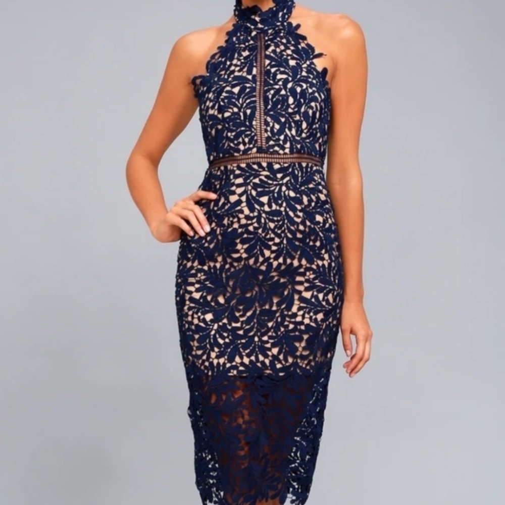 Lulus Divine Destiny Navy Blue Lace Midi Dress Halter Wedding Party M/L